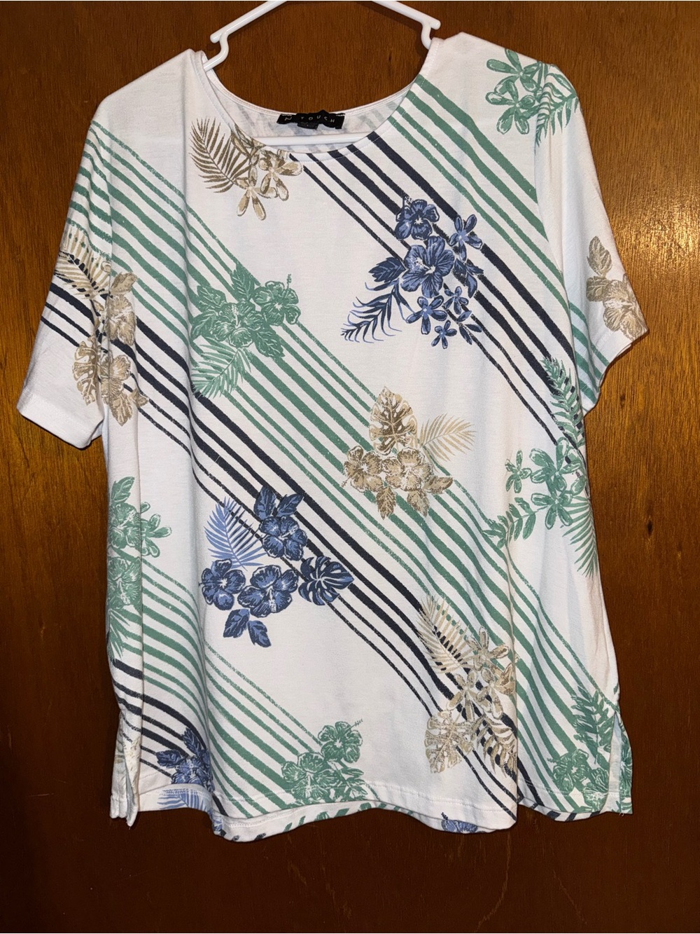 Floral Stripe Short Sleeve Tee in White with Green & Blue